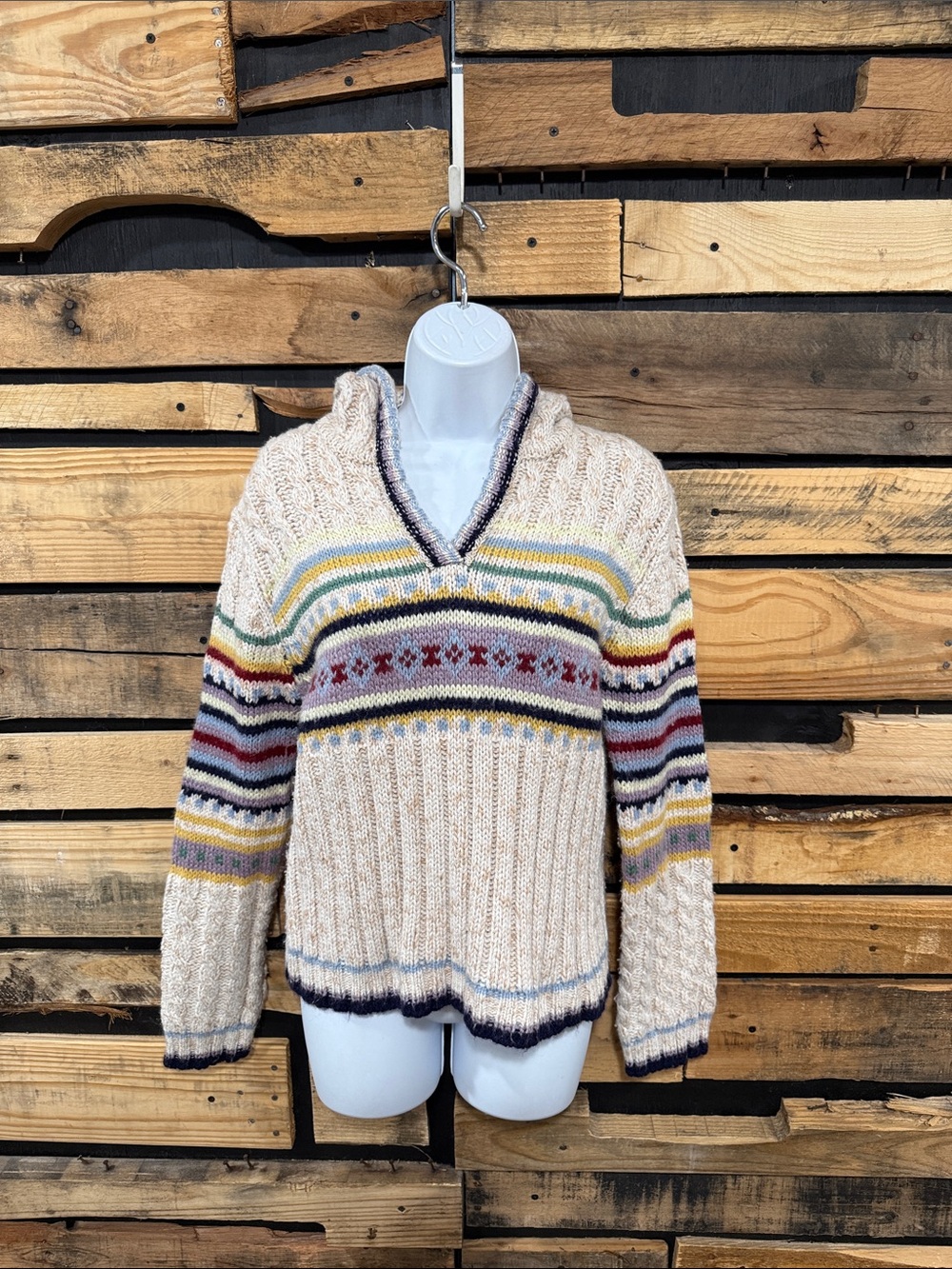 Vintage Twiggy Wool Blend boho-style cream ribbed Fair Isle hooded sweater S/M
